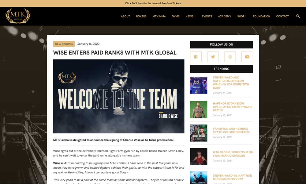 MTK Global website of Charlie Wise signing to turn professional | Personal Trainer in Portslade